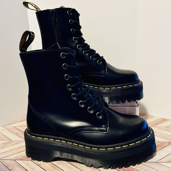 Dr Martens Jadon Platform Boots Polished Smooth Black Leather M 5 W 6 Combat Zip - Picture 1 of 8
